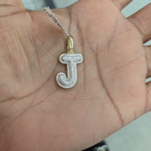 Real Natural Diamond 10kt Gold Bubble Style J Pendant